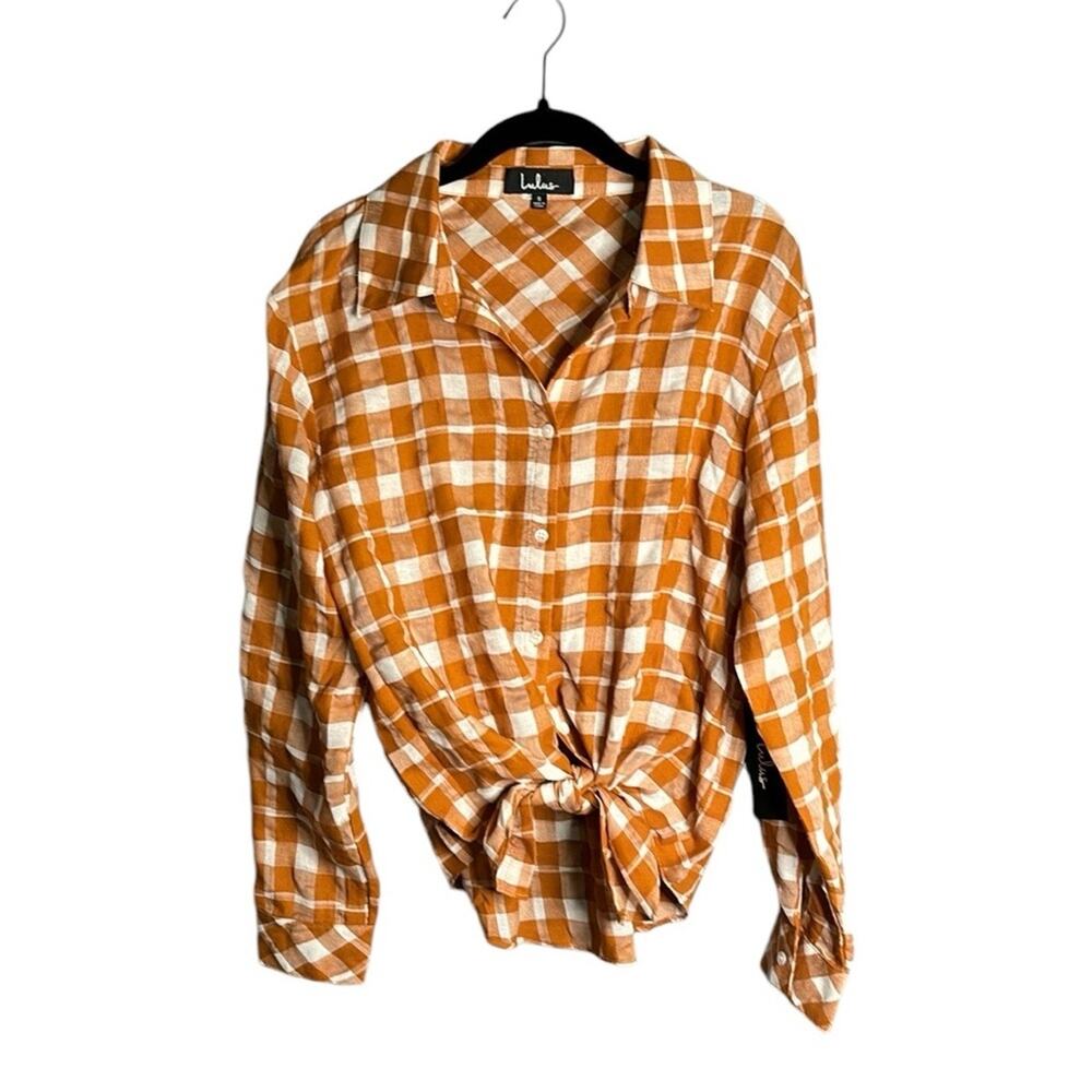 Lulu’s Brown White Plaid Buttoned Front Long Sleeve Tie Front Blouse Small
